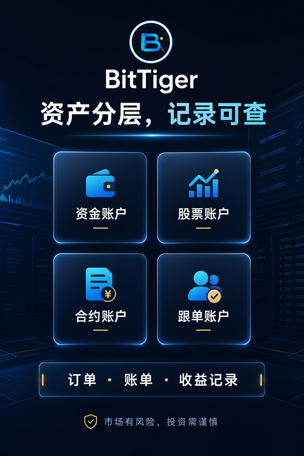 BitTiger资金、股票、合约与跟单账户分层示意